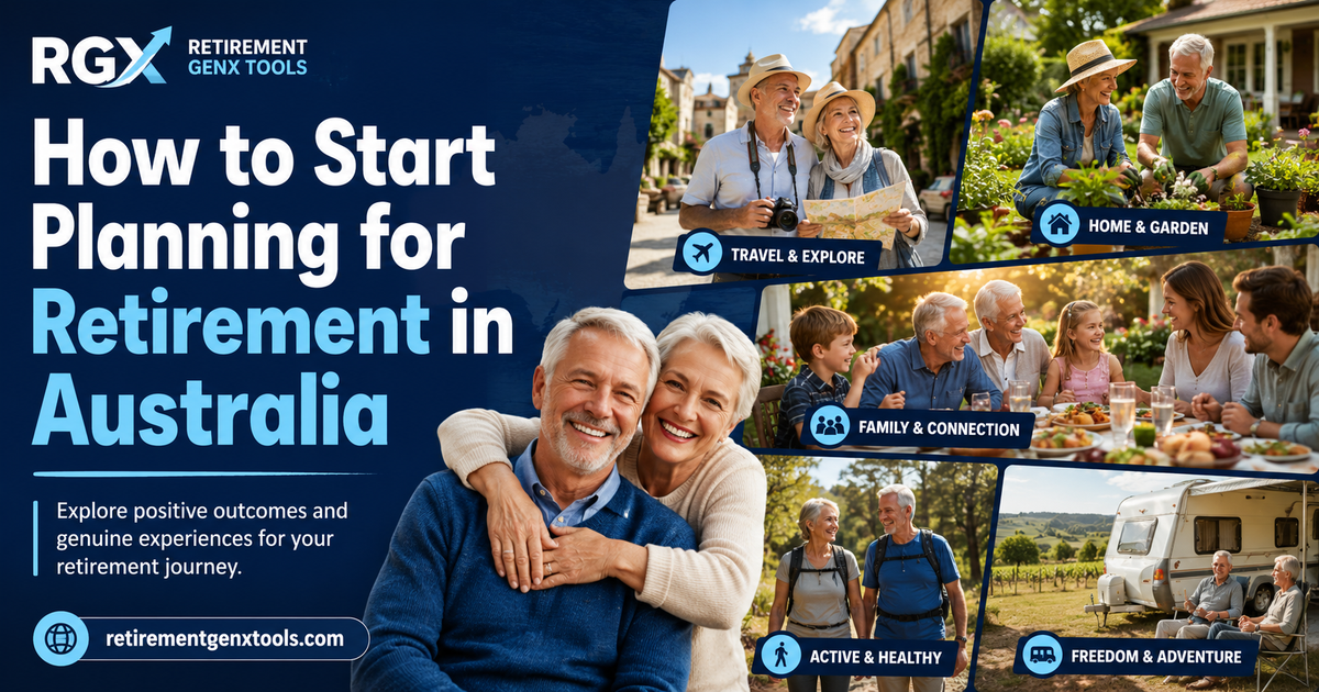 Retirement GenX Tools featured image for How to Start Planning for Retirement in Australia, showing older Australian couples travelling, gardening, hiking, caravanning and sharing a family meal