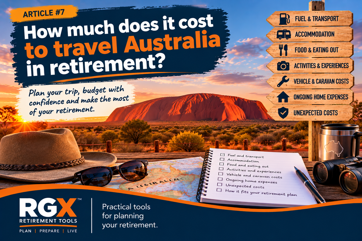 Retirement GenX Tools Article 7 graphic showing Uluru at sunset, a travel budget checklist, a map and signs listing retirement travel expenses including fuel, accommodation, food, activities, vehicle costs, home expenses and unexpected costs