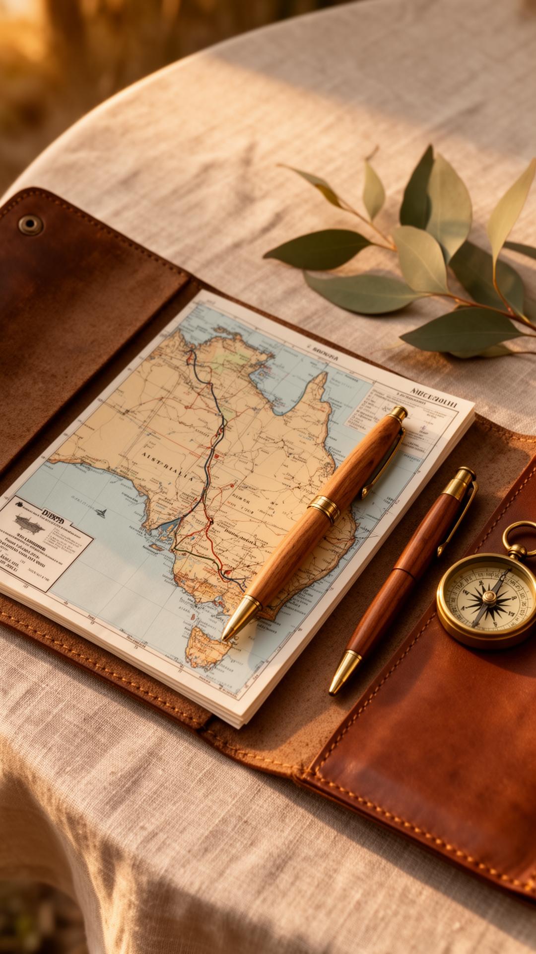 A leather-bound retirement organiser with a vintage map of Australia, a wooden pen and eucalyptus leaves